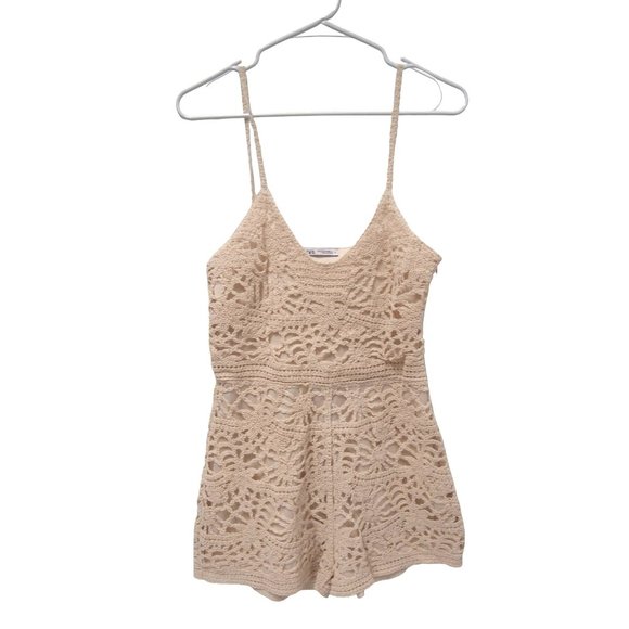 ZARA Womens CROCHET Romper M PLAYSUIT LACE MACRAME CREAM ECRU Tank Sleeveless - Picture 4 of 8